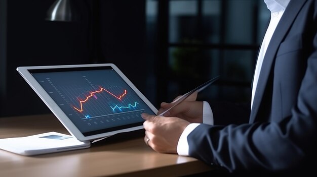 analisi dei dati ologramma su tabletuomo d'affari che guarda l'analisi dei datiinvestitore che aumenta la quota di profitto rapporto di borsa riunione o discussione di grafici e grafici in ufficio