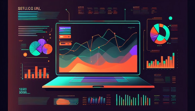 Analisi e analisi aziendali online tramite software per laptop App Dashboard con dati di analisi aziendale grafica investimenti gestione commerciale e finanziaria e intelligenza artificiale generativa