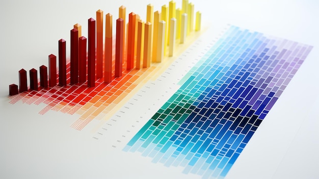 Analisi e rapporti di dati statistici commerciali e di ufficio colorati su sfondo bianco