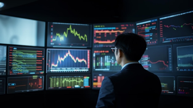 Analisi finanziaria degli uomini d'affari, monitoraggio dei progressi del commercio azionario