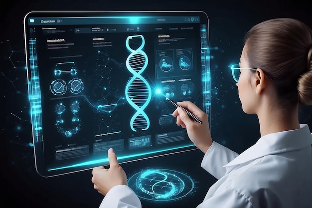 Analisi genetica Dottore che esamina il DNA con un'interfaccia virtuale