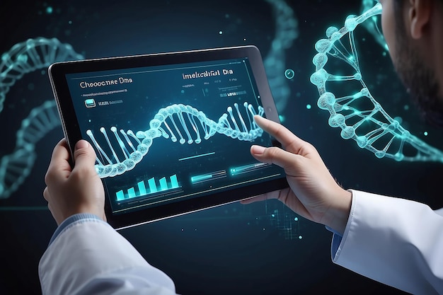 Analisi genetica Dottore che esamina il DNA con un'interfaccia virtuale