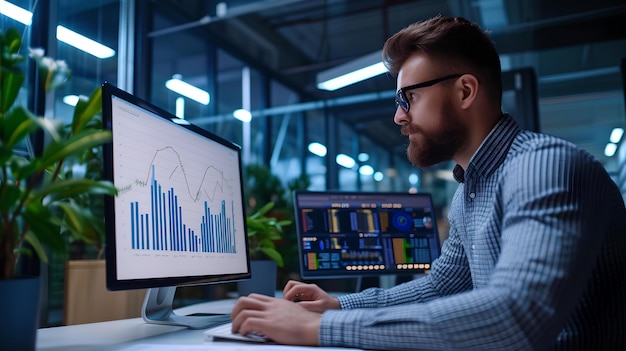 Analisi professionale focalizzata su grafici sullo schermo del computer di notte in ufficio interno uomo al lavoro tema di analisi aziendale AI