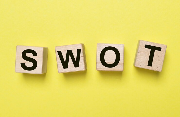 Analisi SWOT nel concetto di marketing. Iscrizione sui cubi.