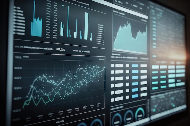 Analista che lavora con Business Analytics sul computer per creare report con la generazione di KPI AI