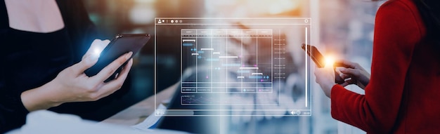 Analista che lavora con il computer in Business Analytics e sistema di gestione dei dati per creare report con KPI e metriche collegate al database Strategia aziendale per operazioni finanziarie marketing di vendita