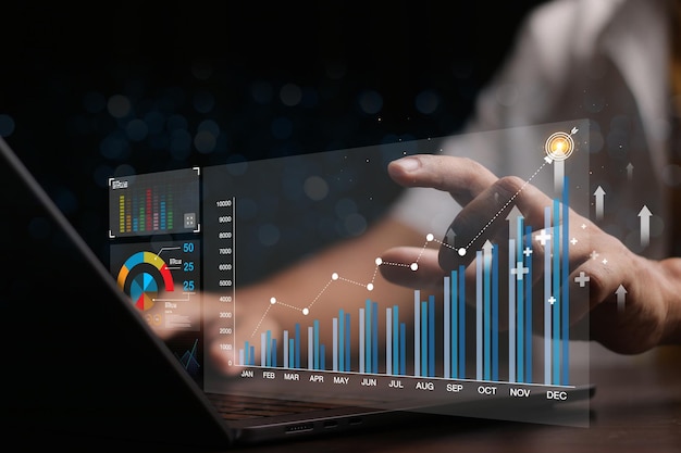 Analista dei dati che lavora su un dashboard di analisi aziendale con grafici con KPI finanza vendite marketing