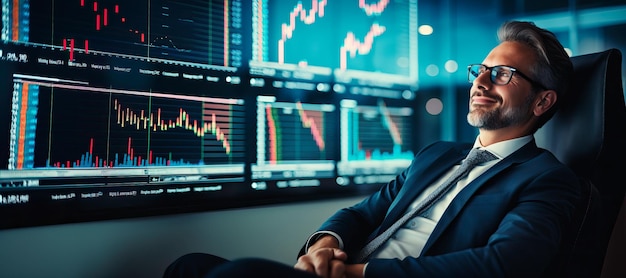Analista finanziario nel suo ufficio con monitor che mostrano i grafici azionari