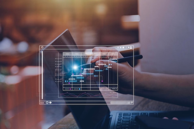 Analyst working with computer in Business Analytics and Data Management System to make report with KPI and metrics connected to database Corporate strategy for finance operations sales marketing