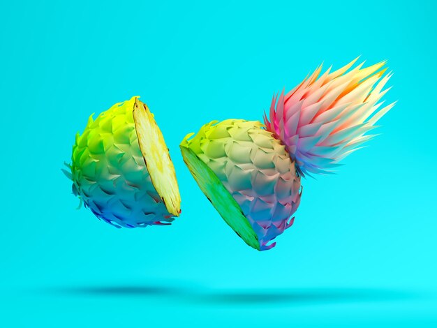 Ananas a fette multicolori su sfondo blu Rendering 3D