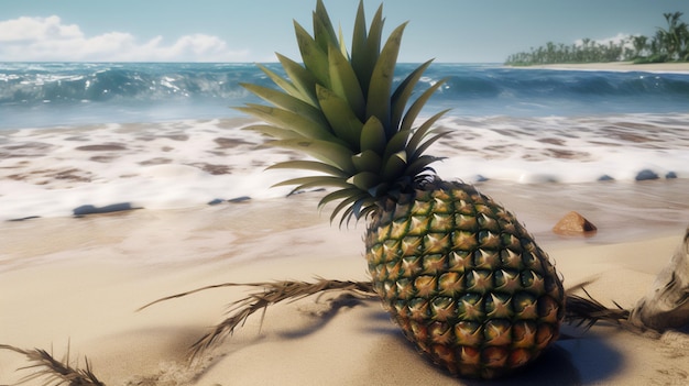 Ananas appoggiato sulla costa sabbiosa IA generativa