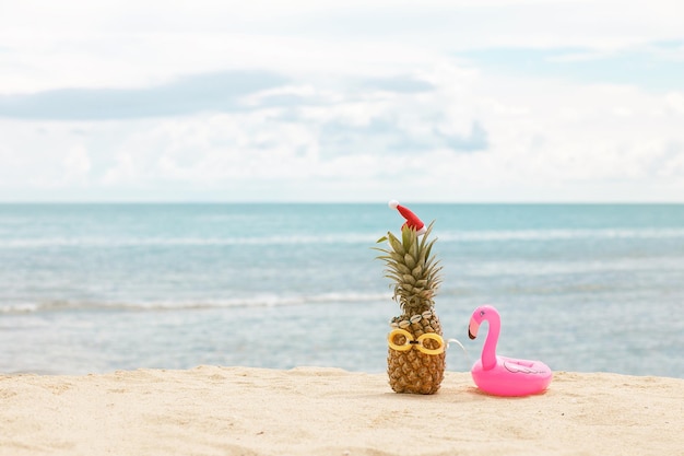 Ananas attraente divertente in occhiali da sole alla moda sulla sabbia contro il mare del turchese. Indossare cappelli di Natale. Concetto di vacanza di Natale e Capodanno sulla spiaggia tropicale. Vacanza in famiglia. Luminoso