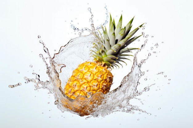 Ananas cade in acqua e gocce e spruzzi fruta volare su sfondo bianco con spruzzi di