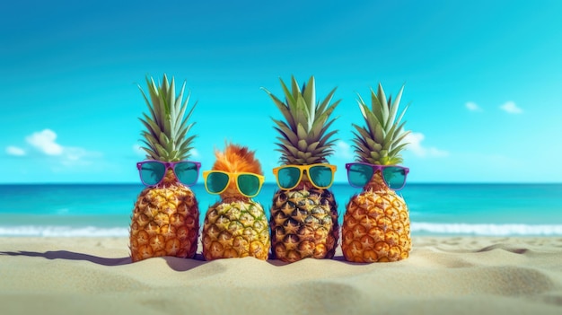 ananas con gli occhiali da sole sulla spiaggia
