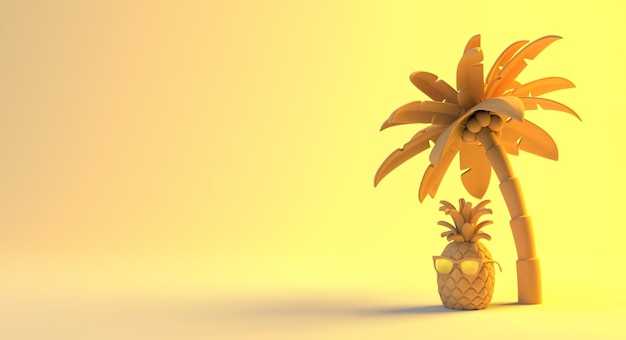 Ananas con occhiali da sole sotto la palma tropicale Concetto estivo Spazio di copia Illustrazione 3D