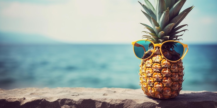 Foto ananas con occhiali da sole sul mare tropicale