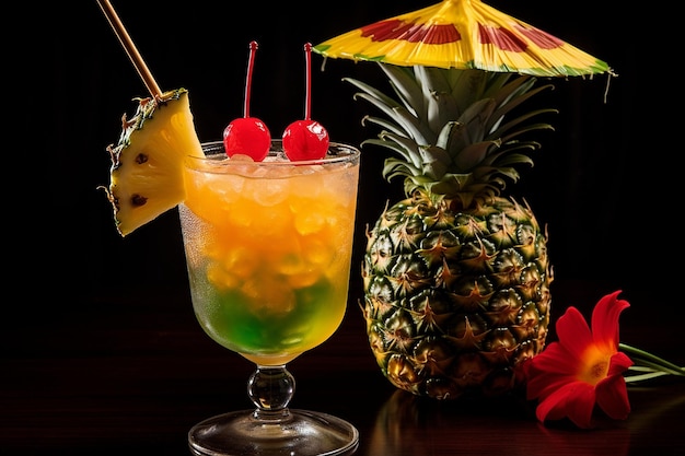 Ananas con un ombrello da cocktail e una ciliegina sopra