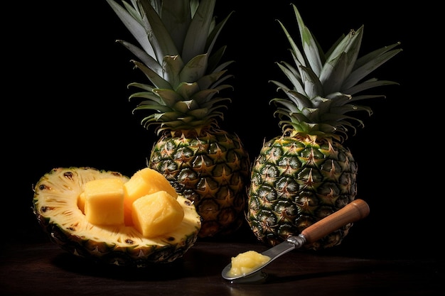 Ananas con una fetta tagliata per contenere una ciotola di sherbet