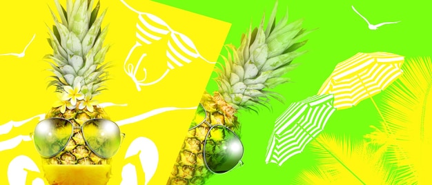 Ananas creativo con occhiali da sole su sfondo estivo