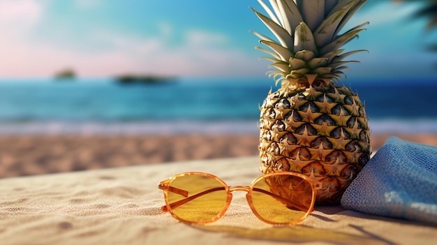 Ananas dimezzato e occhiali da sole tenuti sulla sabbia con testo spazio copia Concetto creativo estivo
