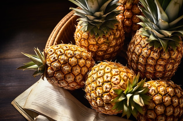 Ananas disposti in un cesto di frutta con una scheda di ricette scritta a mano