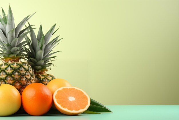 ananas e agrumi su uno spazio di copia sullo sfondo verde