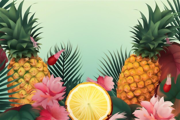 Ananas e foglie di palma tropicali sfondo con copia spazio che mostra il concetto di estate