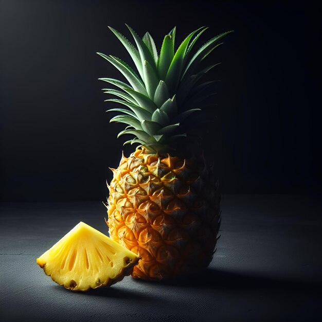 Ananas e metà su superficie nera con sfondo scuro