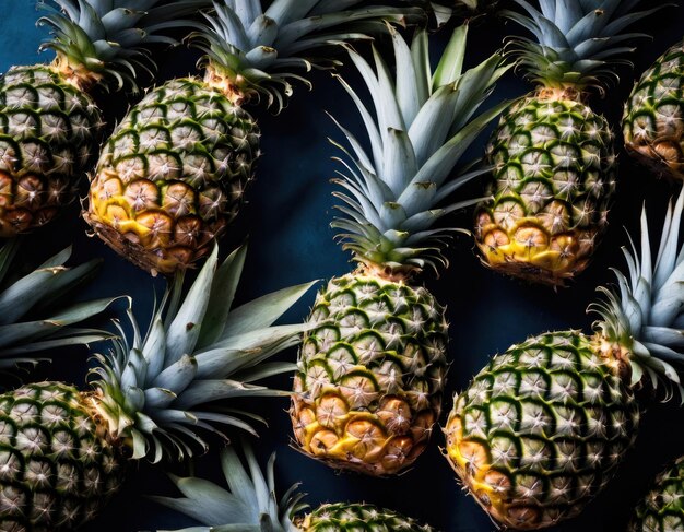 Ananas freschi con foglie verdi vivaci su uno sfondo scuro vista dall'alto frutta tropicale sana conc