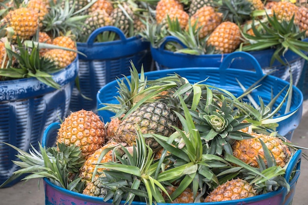 Ananas in un mercato di frutta e verdura.