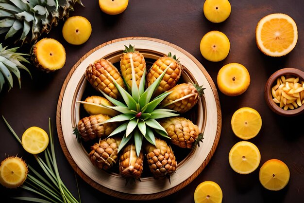 ananas in una ciotola con ananas sul tavolo