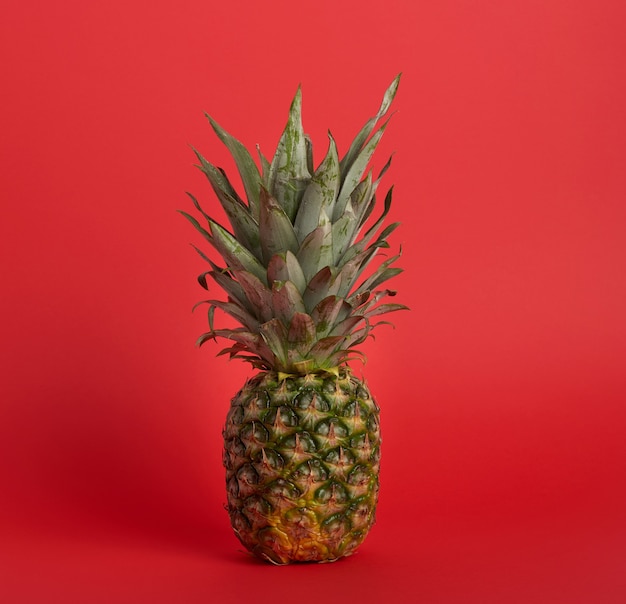 Ananas intero fresco su uno sfondo rosso