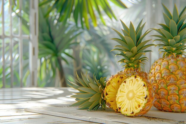 Ananas maturi su un tavolo bianco di legno