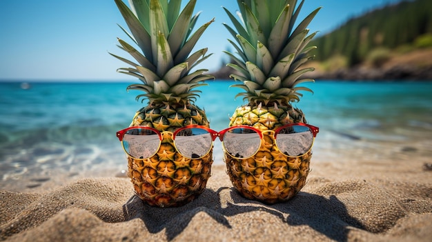 Ananas maturo con occhiali sulla sabbia della spiaggia