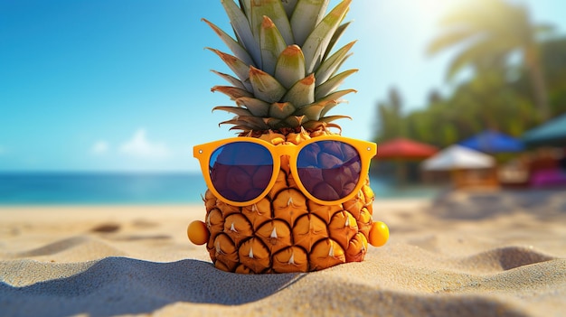 Ananas maturo con occhiali sulla sabbia della spiaggia