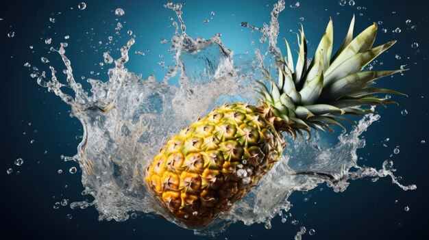 Ananas organico fresco e maturo, fette di frutta tropicale che cadono in acqua e spruzzano