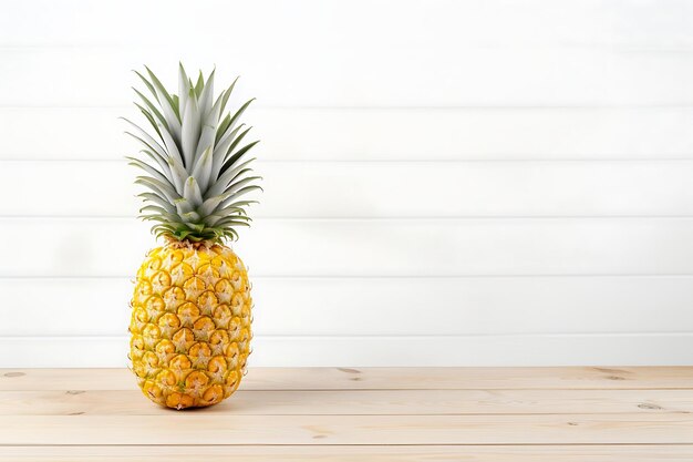 Ananas su tavolo di legno e sfondo bianco