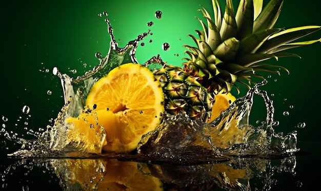 Ananas tagliato su splash water background generativo ai