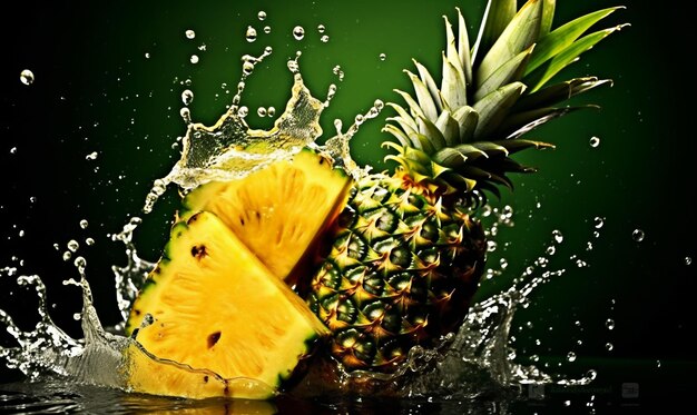 Ananas tagliato su splash water background generativo ai