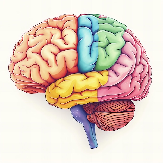 Anatomia del cervello umano con regioni codificate a colori Illustrazione dettagliata per uso educativo