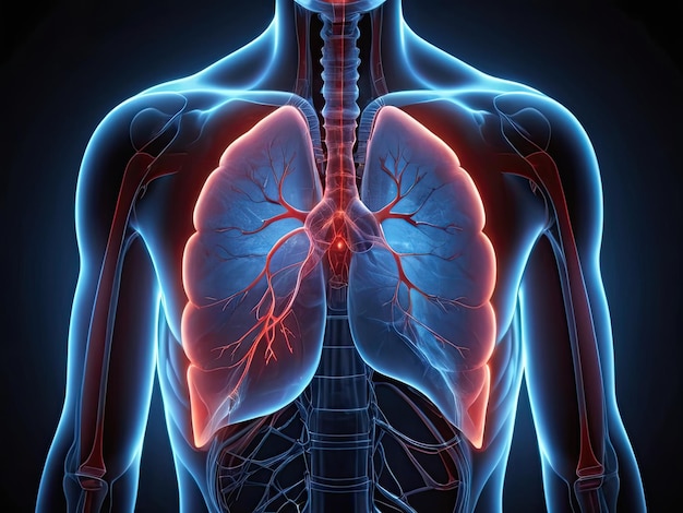 Anatomia del corpo umano con polmoni illustrazione 3D sfondo medico vista a raggi X