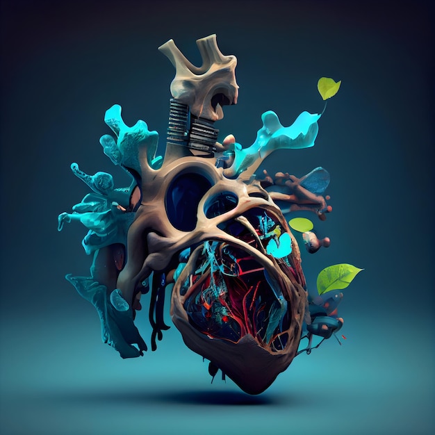 Anatomia del cuore umano 3d rendering su sfondo blu con spazio di copia