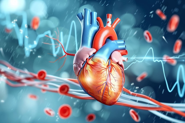 Anatomia del cuore umano con pulso ECG e cellule del sangue in circolazione