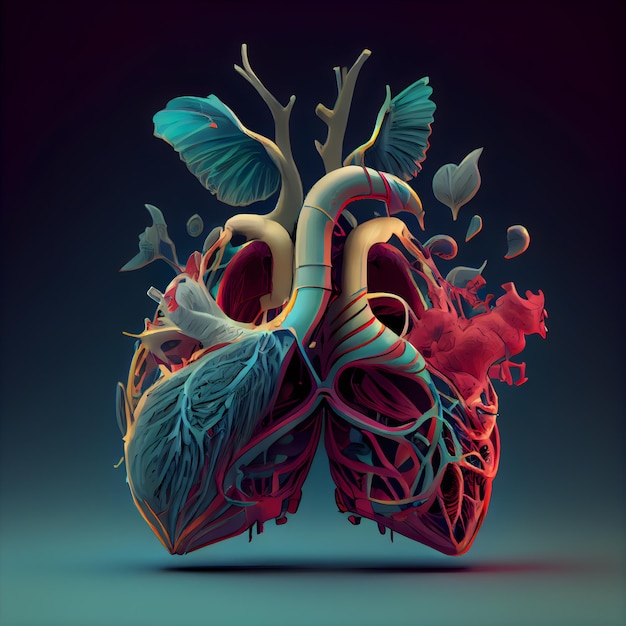 Anatomia del cuore umano Rendering 3D su sfondo scuro Illustrazione di alta qualità