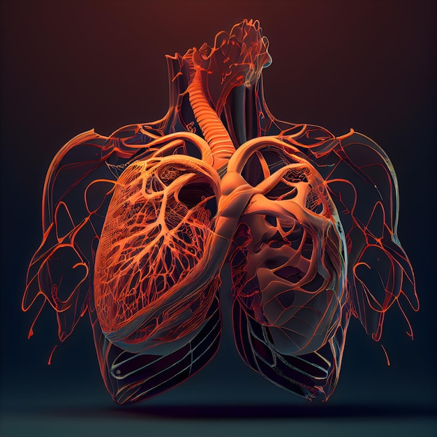 Anatomia del cuore umano su sfondo scuro illustrazione 3D rendering 3D