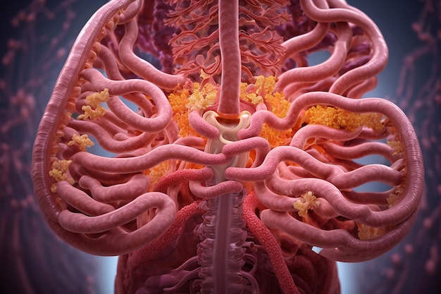 anatomia del tratto gastrointestinale per il rendering educativo di una figura medica maschile con il colon evidenziato