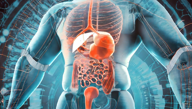 Anatomia maschile del sistema gerd nell'uomo Concetto di rendering 3D e rete di tecnologia medica