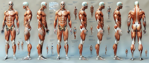 Anatomia muscolare del bodybuilding maschile con vedute frontali laterali e posteriori Un poster dello schema di contorno in formato infografico Illustrazione moderna