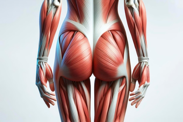 Anatomia umana che mostra il sistema muscolare dei glutei su sfondo bianco ai generativo