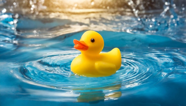 Anatra di gomma gialla in acqua blu giocattolo da nuoto